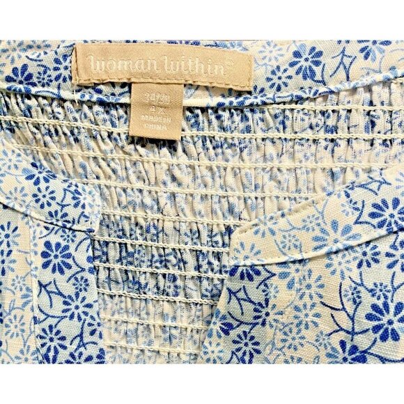 Woman Within +34/36 Blue Floral Split Neck Shirred Linen Blend Sleeveless Top - Picture 6 of 6